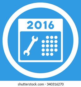 2016 Service Calendar vector icon. Style is flat circled symbol, white color, rounded angles, blue background.