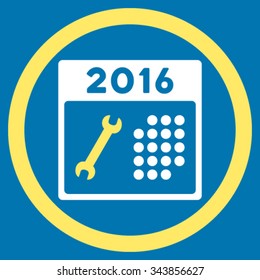 2016 Service Calendar vector icon. Style is bicolor flat circled symbol, yellow and white colors, rounded angles, blue background.