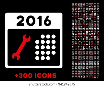 2016 Service Organizer vector pictogram with additional 300 date and time management icons. Style is bicolor flat symbols, red and white colors, rounded angles, black background.