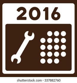 2016 Service Syllabus vector icon. Style is flat symbol, white color, rounded angles, brown background.