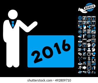 2016 Show icon with bonus calendar and time management graphic icons. Vector illustration style is flat iconic bicolor symbols, blue and white colors, black background.