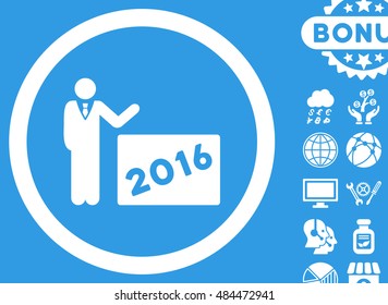 2016 Show icon with bonus images. Vector illustration style is flat iconic symbols, white color, blue background.