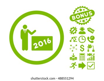 2016 Show icon with bonus images. Vector illustration style is flat iconic symbols, eco green color, white background.