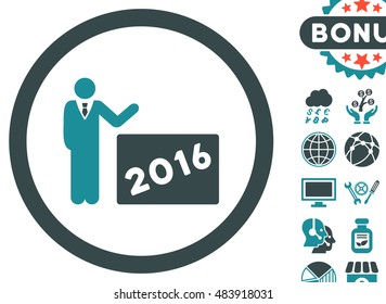 2016 Show icon with bonus pictures. Vector illustration style is flat iconic bicolor symbols, soft blue colors, white background.
