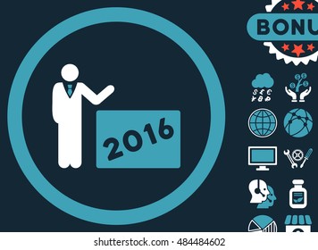 2016 Show icon with bonus symbols. Vector illustration style is flat iconic bicolor symbols, blue and white colors, dark blue background.