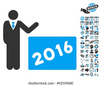 2016 Show pictograph with bonus calendar and time management symbols. Vector illustration style is flat iconic bicolor symbols, blue and gray colors, white background.