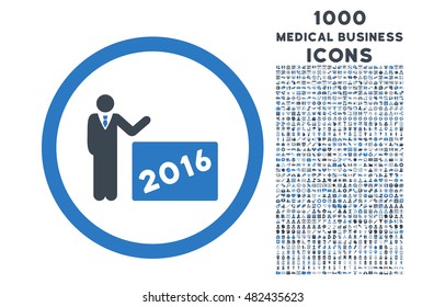 2016 Show rounded vector bicolor icon with 1000 medical business icons. Set style is flat pictograms, smooth blue colors, white background.
