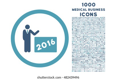2016 Show rounded vector bicolor icon with 1000 medical business icons. Set style is flat pictograms, cyan and blue colors, white background.