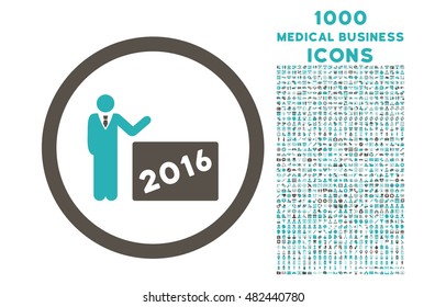 2016 Show rounded vector bicolor icon with 1000 medical business icons. Set style is flat pictograms, grey and cyan colors, white background.