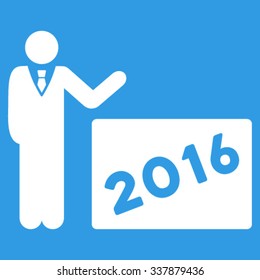 2016 Show vector icon. Style is flat symbol, white color, rounded angles, blue background.