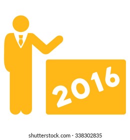 2016 Show vector icon. Style is flat symbol, yellow color, rounded angles, white background.