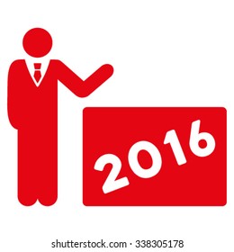 2016 Show vector icon. Style is flat symbol, red color, rounded angles, white background.