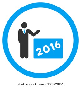 2016 Show vector icon. Style is bicolor flat circled symbol, blue and gray colors, rounded angles, white background.