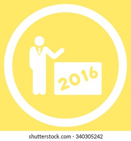 2016 Show vector icon. Style is flat circled symbol, white color, rounded angles, yellow background.