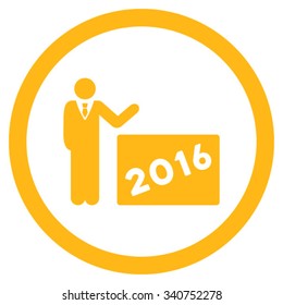 2016 Show vector icon. Style is flat circled symbol, yellow color, rounded angles, white background.