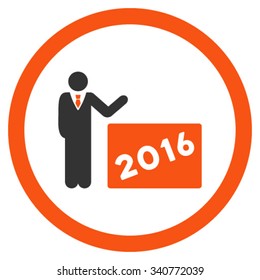 2016 Show vector icon. Style is bicolor flat circled symbol, orange and gray colors, rounded angles, white background.