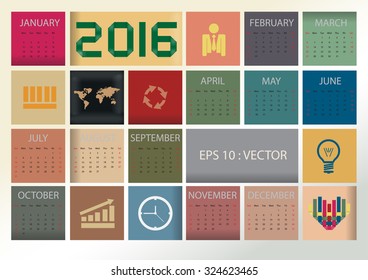 2016 simple vector calendar with colorful square box and business icon.,vector eps10