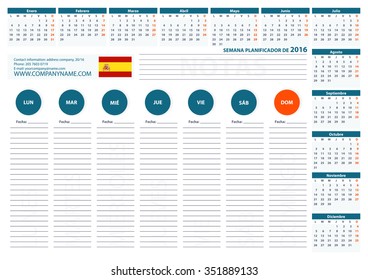 2016 Spain Week Planner Calendar Vector Design Template 2. Week Starts Monday.For office or private use.