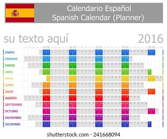 2016 Spanish Planner Calendar with Horizontal Months on white background 