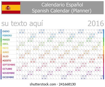 2016 Spanish Planner-2 Calendar with Horizontal Months on white background 