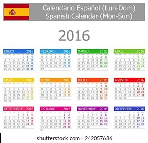 2016 Spanish Type-1 Calendar Mon-Sun on white background 