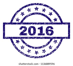 2016 stamp seal watermark with grunge texture. Designed with rectangle, circles and stars. Blue vector rubber print of 2016 caption with scratched texture.