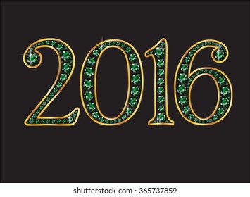 2016 in stunning emerald precious round jewels set into a 2-level gold gradient channel setting, isolated on black. Vector EPS-10 file, transparency used. 