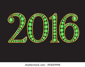 2016 in stunning peridot precious round jewels set into a 2-level gold gradient channel setting, isolated on black. Vector EPS-10 file, transparency used. 