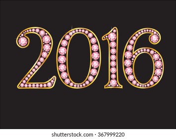 2016 in stunning rose quartz semi-precious round jewels set into a 2-level gold gradient channel setting, isolated on black. Vector EPS-10 file, transparency used. 