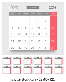 2016 Stylish New Modern Flat Color Art Monthly Calendar template