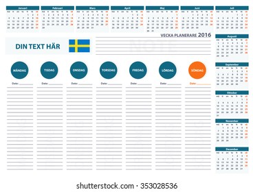 2016 Sweden Week Planner Calendar Vector Design Template 2. Week Starts Monday.For office or private use.