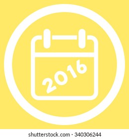 2016 Syllabus vector icon. Style is flat circled symbol, white color, rounded angles, yellow background.