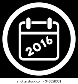 2016 Syllabus vector icon. Style is flat circled symbol, white color, rounded angles, black background.