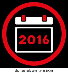 2016 Syllabus vector icon. Style is bicolor flat circled symbol, red and white colors, rounded angles, black background.
