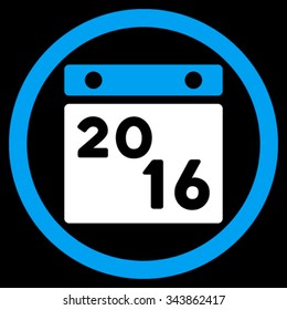2016 Syllabus vector icon. Style is bicolor flat circled symbol, blue and white colors, rounded angles, black background.