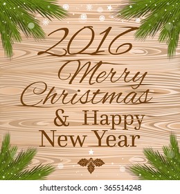 2016 Text Design. Merry Christmas and Happy New Year 2016. Happy new year 2016 on a wooden background.