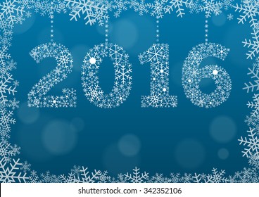 2016 text made of snowflakes on background with bokeh effect and enough copy space for you text