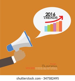 2016 trends.hand with megaphone and  2016 trends word.Vector illustration.

