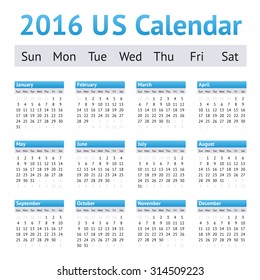 2016 US American English Calendar. Week starts on Sunday