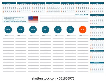 2016 USA Week Planner Calendar Vector Design Template 2. Week Starts Sunday.For office or private use.