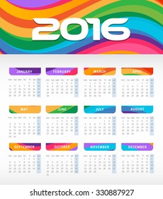 2016 Vector Colorful Wavy Calendar art simple design template