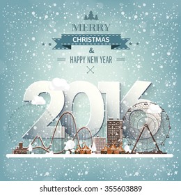 2016. Vector illustration. Ferris wheel. Winter carnival. Christmas, new year. Park with snow.