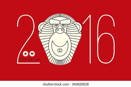 2016 vector illustration with monkey face, christmas tree icon and heart symbol. Chinese new year symbol. Animal icon.