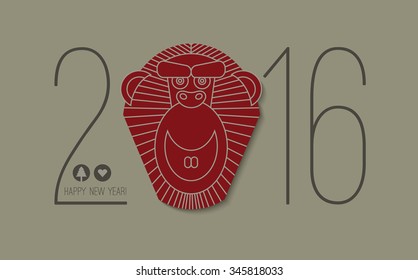 2016 vector illustration with red monkey face, christmas tree icon and heart symbol. Chinese new year symbol. Animal icon.