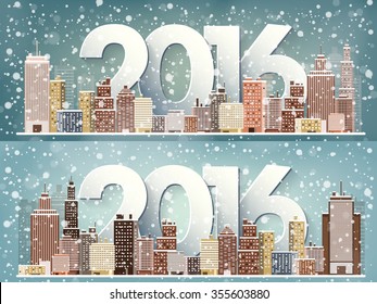 2016. Vector illustration. Winter urban landscape. City with snow. Christmas and new year.  Cityscape. Buildings.
