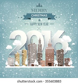 2016. Vector illustration. Winter urban landscape. City with snow. Christmas and new year.  Cityscape. Buildings.