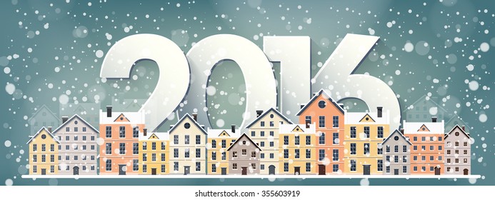2016. Vector illustration. Winter urban landscape. City with snow. Christmas and new year.  Cityscape. Buildings.