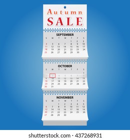 2016 wall Autumn calendar. Vector illustration with Autumn Sale text on the top of the Calendar. 