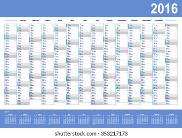 2016 wall calendar with a small 2017 calendar at the bottom