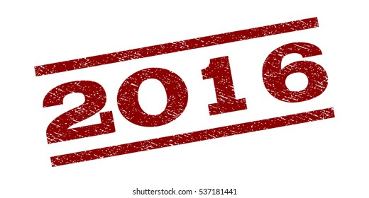2016 watermark stamp. Text tag between parallel lines with grunge design style. Rubber seal stamp with scratched texture. Vector dark red color ink imprint on a white background.